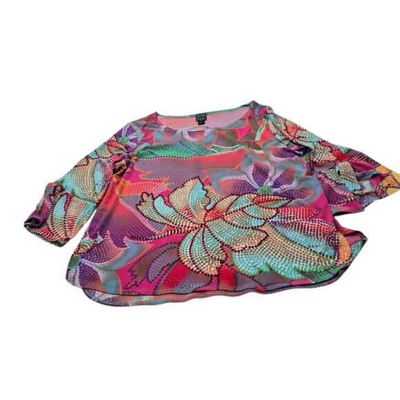 Clara Sun Woo Mosaic Petal Coral Multicolor High Low Tunic Ruffle Tie Sleeves 1X - Picture 3 of 13